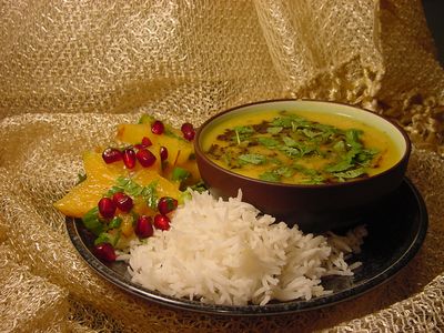 Lentil soup and star fruit salad